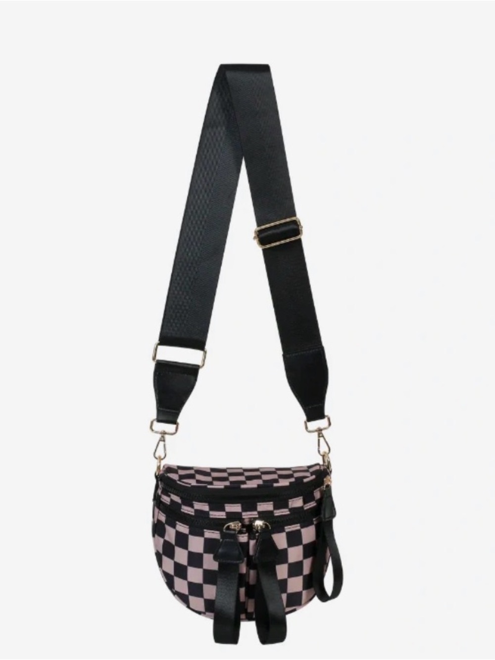 Checkerboard Crossbody Bag with Wide Black Strap - Pink/Black